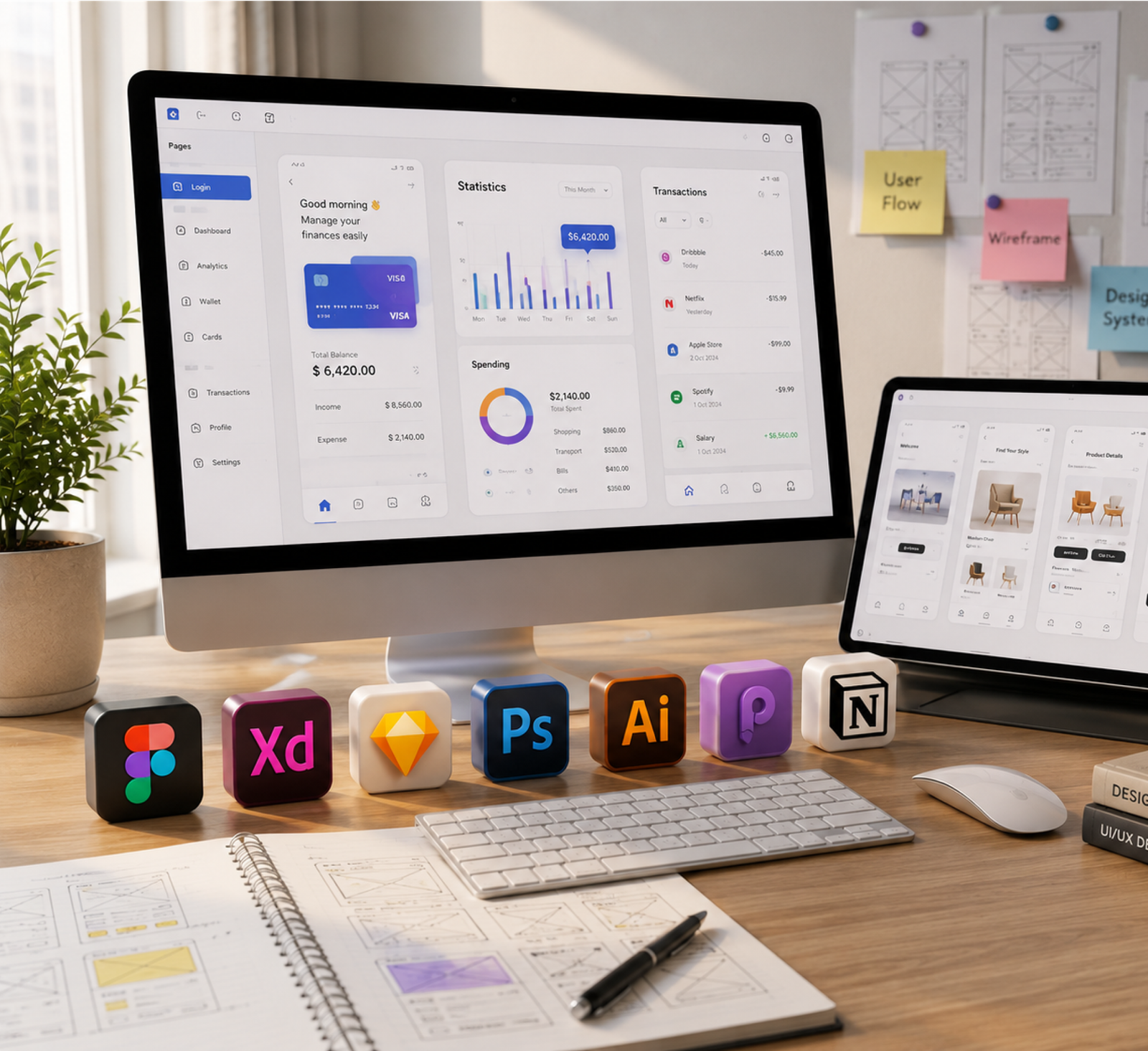Designer building a UI/UX system on a laptop